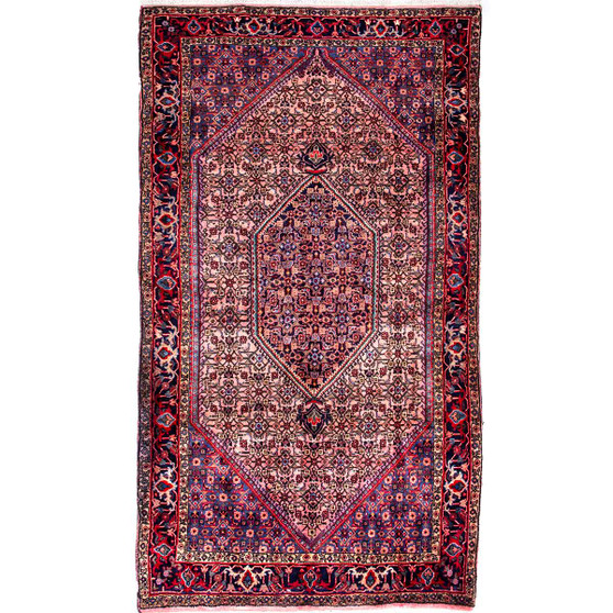 Songhor Persian Rug 8x4 ft - Semi Antique Medallion Toranj, Herati Mahi Madder Red, Navy Blue, Cream Hand Knotted | front view | SKU 112310