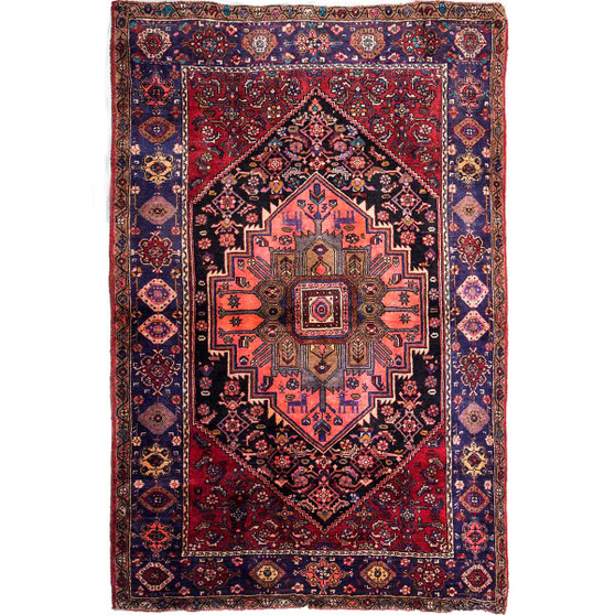Gholtogh Persian Rug 6'1" x 4'3" - Semi Antique Medallion Crimson, Navy Blue Hand Knotted | front view | SKU 112312