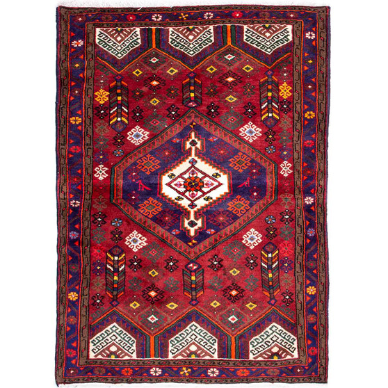 Zanjan Persian Rug 6'1" x 4'2" - Semi Antique Medallion Navy Blue, Crimson Hand Knotted | front view | SKU 112313