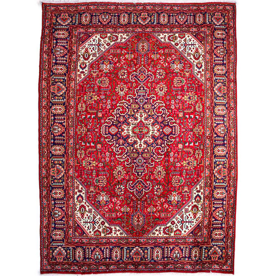 Tabriz Persian Rug 9x6 ft - Semi Antique Medallion (Toranj), Shah Abbasi Madder Red, Cream, Navy Blue Hand Knotted | front view | SKU 112315