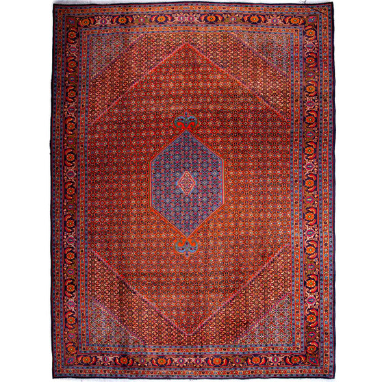 Zanjan Persian Rug 13x9 ft - Semi Antique Medallion Toranj, Herati Mahi Crimson, Navy Blue, Madder Red Hand Knotted | front view | SKU 112319