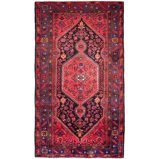 Zanjan Persian Rug 8x4 ft - Semi Antique Medallion Toranj, Herati Mahi Madder Red, Navy Blue, Crimson Hand Knotted | front view | SKU 112320