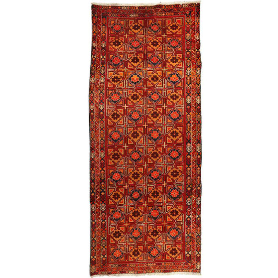 Meshkin Persian Rug 10'9" x 4'7" - Semi Antique Geometric Crimson, Green Hand Knotted | front view | SKU 110039