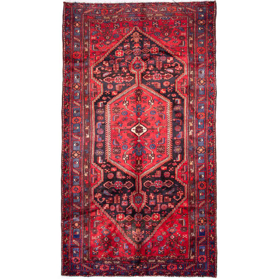 Zanjan Persian Rug 9'10" x 5'3" - Semi Antique Medallion Navy Blue, Crimson Hand Knotted | front view | SKU 112322