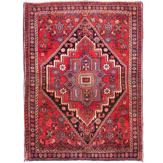 Gholtogh Persian Rug 3'11" x 2'7" - Semi Antique Medallion Crimson, Navy Blue Hand Knotted | front view | SKU 112323