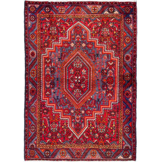 Gholtogh Persian Rug 4x3 ft - Semi Antique Medallion Toranj, Geometric Crimson, Navy Blue, Brick Red Hand Knotted | front view | SKU 112324