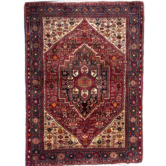 Gholtogh Persian Rug 4'7" x 3'3" - Semi Antique Medallion Crimson, Navy Blue Hand Knotted | front view | SKU 112325