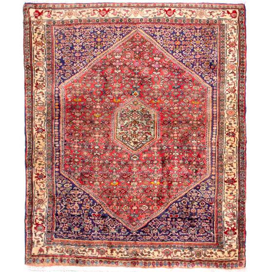 Bijar Persian Rug 4x3 ft - Semi Antique Medallion (Toranj), Herati (Mahi) Madder Red, Navy Blue, Cream Hand Knotted | front view | SKU 112326