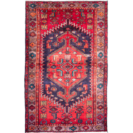 Zanjan Persian Rug 8'7" x 4'10" - Semi Antique Medallion Navy Blue, Crimson Hand Knotted | front view | SKU 112329