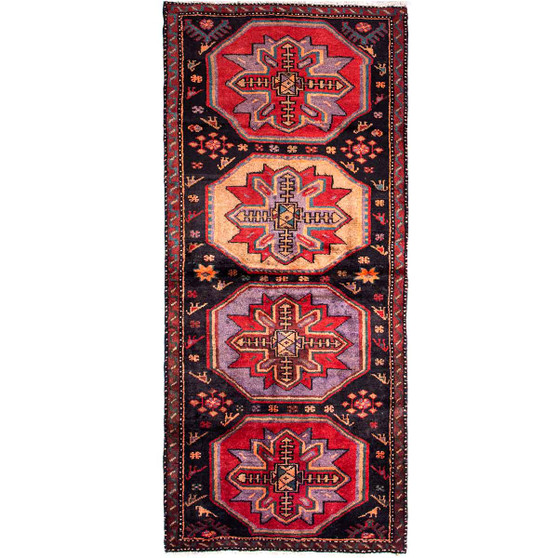 Zanjan Persian Rug 7'1" x 3'1" - Semi Antique Medallion Navy Blue, Crimson Hand Knotted | front view | SKU 112330