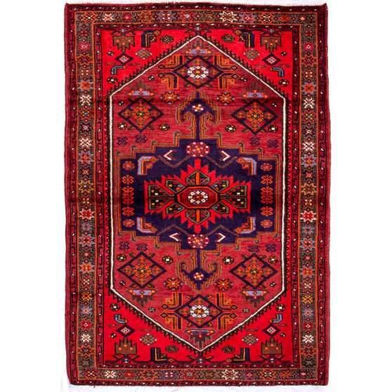 Zanjan Persian Rug 6'3" x 4'3" - Semi Antique Medallion Navy Blue, Crimson Hand Knotted | front view | SKU 112331