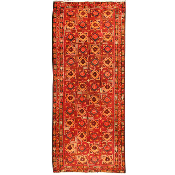 Meshkin Persian Rug 11'0" x 4'8" - Semi Antique Geometric Crimson, Green Hand Knotted | front view | SKU 110040