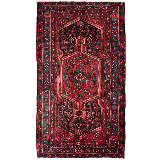 Zanjan Persian Rug 9'7" x 5'4" - Semi Antique Medallion Navy Blue, Crimson Hand Knotted | front view | SKU 112335
