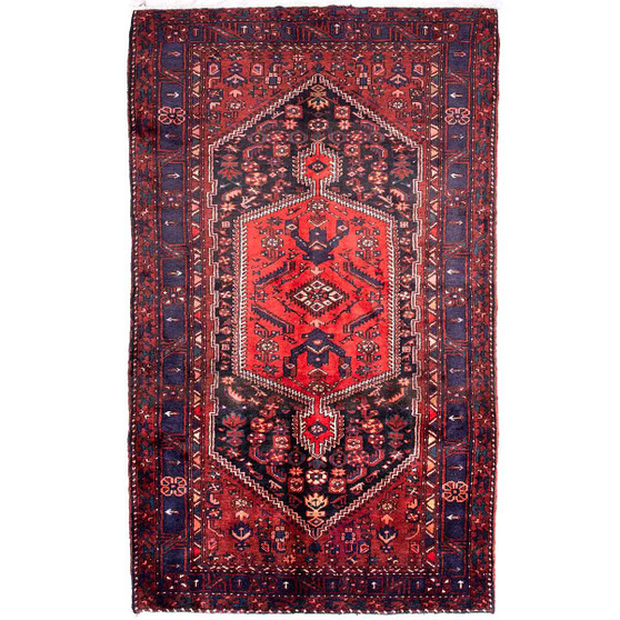 Zanjan Persian Rug 8'6" x 4'12" - Semi Antique Medallion Navy Blue, Crimson Hand Knotted | front view | SKU 112337