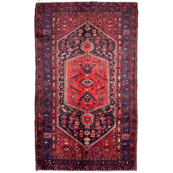 Zanjan Persian Rug 10x5 ft - Semi Antique Medallion Toranj, Herati Mahi Madder Red, Navy Blue, Dark Red Hand Knotted | front view | SKU 112338