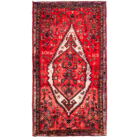 Zanjan Persian Rug 7x3 ft - Semi Antique Medallion Toranj Geometric Madder Red Crimson Cream Hand Knotted | front view | SKU 112342