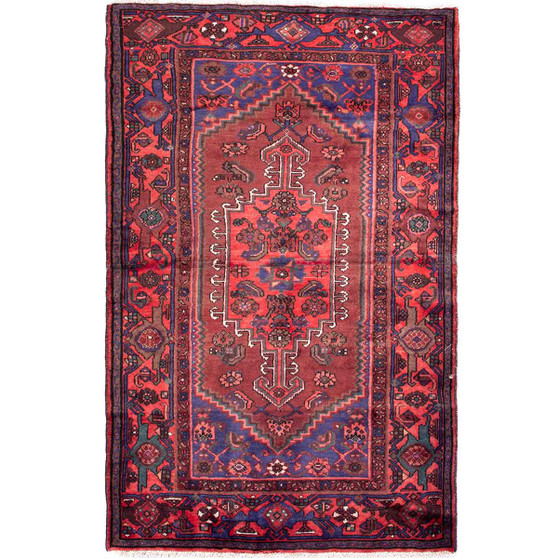 Zanjan Persian Rug 6'7" x 4'1" - Semi Antique Medallion Navy Blue, Crimson Hand Knotted | front view | SKU 112344