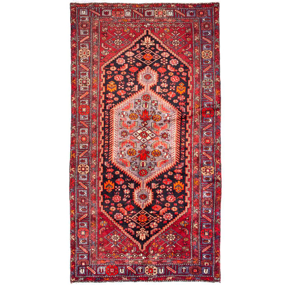 Zanjan Persian Rug 8x4 ft - Semi Antique Medallion Navy Blue, Crimson Hand Knotted | front view | SKU 112348