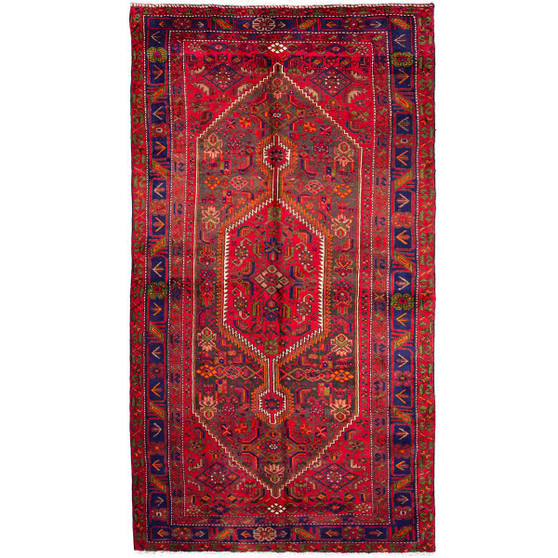 Zanjan Persian Rug 9x5 ft - Semi Antique Medallion Navy Blue, Crimson Hand Knotted | front view | SKU 112349