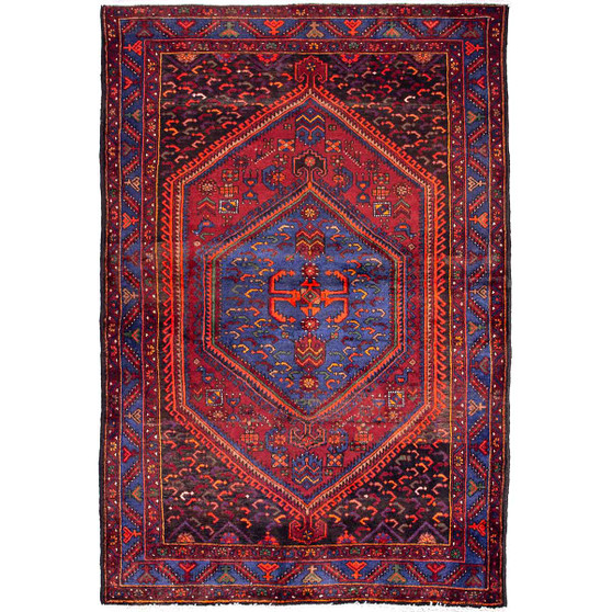 Zanjan Persian Rug 7'5" x 5'1" - Semi Antique Medallion Navy Blue, Crimson Hand Knotted | front view | SKU 112351