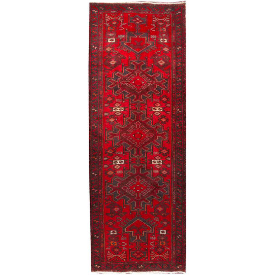 Khamseh Persian Rug 9x3 ft - Semi Antique Medallion Navy Blue, Crimson Hand Knotted | front view | SKU 110100