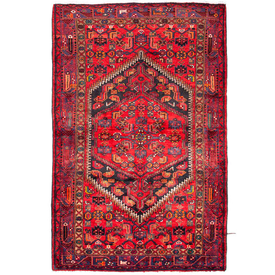 Zanjan Persian Rug 7x4 ft - Semi Antique Medallion Navy Blue, Crimson Hand Knotted | front view | SKU 112354