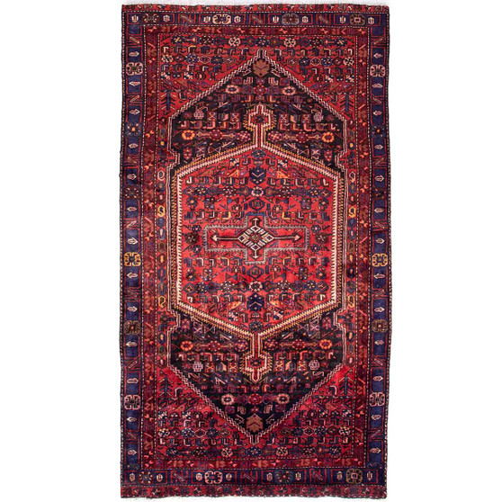 Zanjan Persian Rug 8'10" x 4'11" - Semi Antique Medallion Navy Blue, Crimson Hand Knotted | front view | SKU 112355