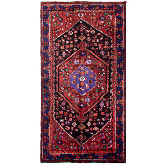 Zanjan Persian Rug 8x4 ft - Semi Antique Medallion Toranj, Herati Mahi Crimson, Navy Blue, Madder Red Hand Knotted | front view | SKU 112360