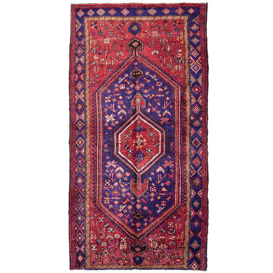 Zanjan Persian Rug 9x4 ft - Semi Antique Medallion Toranj, Herati Mahi Madder Red, Navy Blue, Crimson Hand Knotted | front view | SKU 112361