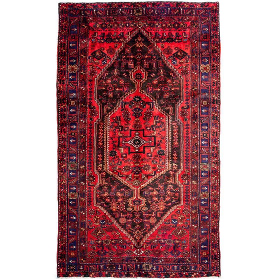 Zanjan Persian Rug 9x5 ft - Semi Antique Medallion Toranj, Herati Mahi Madder Red, Navy Blue, Crimson Hand Knotted | front view | SKU 112364
