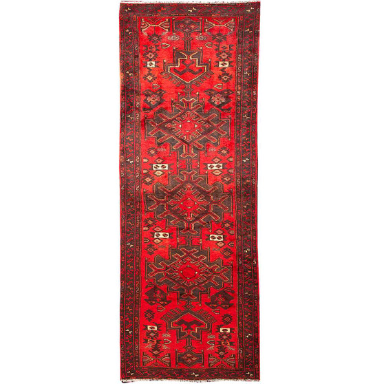 Khamseh Persian Rug 9'6" x 3'7" - Semi Antique Medallion Navy Blue, Crimson Hand Knotted | front view | SKU 110101