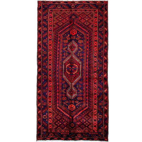 Zanjan Persian Rug 9x4 ft - Semi Antique Medallion Navy Blue, Crimson Hand Knotted | front view | SKU 112370