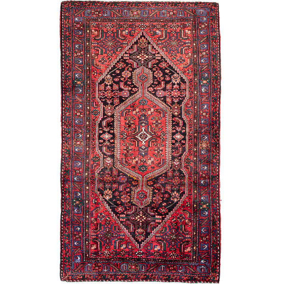 Zanjan Persian Rug 8x4 ft - Semi Antique Medallion Navy Blue, Crimson Hand Knotted | front view | SKU 112371