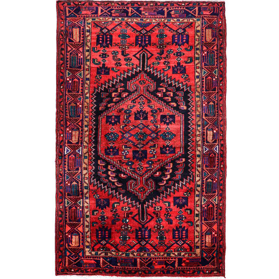 Zanjan Persian Rug 7x4 ft - Semi Antique Medallion Navy Blue, Crimson Hand Knotted | front view | SKU 112372