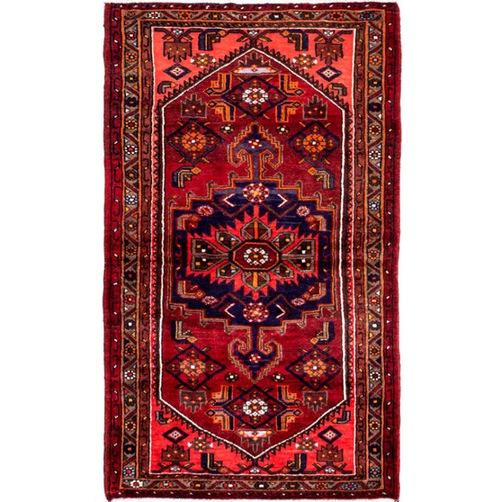 Zanjan Persian Rug 6'7" x 3'9" - Semi Antique Medallion Navy Blue, Crimson Hand Knotted | front view | SKU 112373