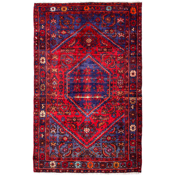 Zanjan Persian Rug 6'6" x 4'1" - Semi Antique Medallion Navy Blue, Crimson Hand Knotted | front view | SKU 112375