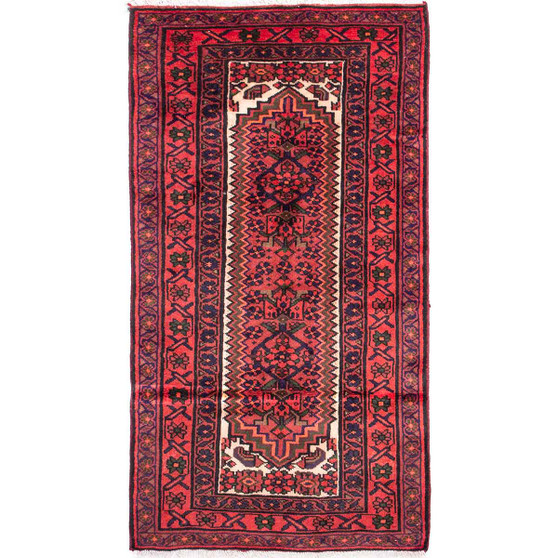 Zanjan Persian Rug 6x3 ft - Semi Antique Medallion Toranj, Herati Mahi Madder Red, Crimson, Dark Red Hand Knotted | front view | SKU 112376