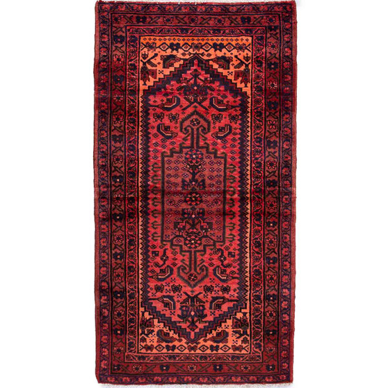 Zanjan Persian Rug 6'3" x 3'3" - Semi Antique Medallion Navy Blue, Crimson Hand Knotted | front view | SKU 112377