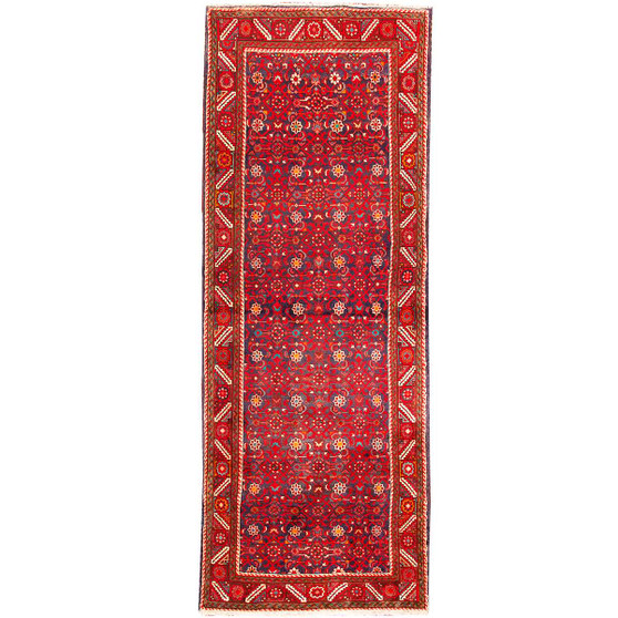 Hamadan Persian Rug 9'10" x 3'7" - Semi Antique Afshan Red, Blue Hand Knotted | front view | SKU 110103