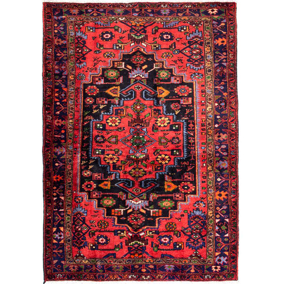 Zanjan Persian Rug 6'8" x 4'7" - Semi Antique Medallion Navy Blue, Crimson Hand Knotted | front view | SKU 112378