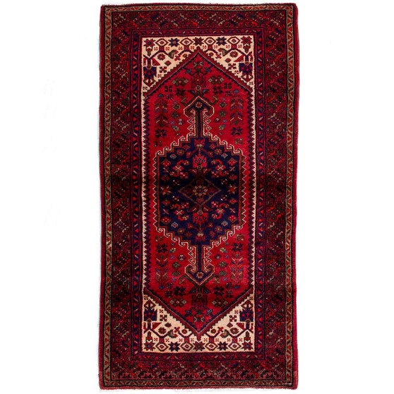 Zanjan Persian Rug 6'7" x 3'5" - Semi Antique Medallion Navy Blue, Crimson Hand Knotted | front view | SKU 112381