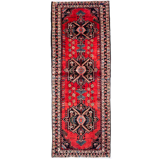 Hamadan Persian Rug 10'4" x 3'5" - Antique Afshan Red, Blue Hand Knotted | front view | SKU 112382