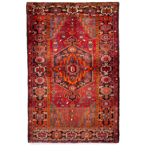 Zanjan Persian Rug 6x4 ft - Semi Antique Medallion Toranj, Herati Mahi Madder Red, Crimson, Rust Red Hand Knotted | front view | SKU 112383