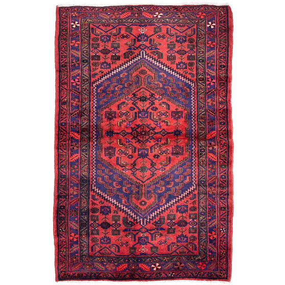 Zanjan Persian Rug 7x4 ft - Semi Antique Medallion (Toranj), Herati (Mahi) Madder Red, Navy Blue, Crimson Hand Knotted | front view | SKU 112384