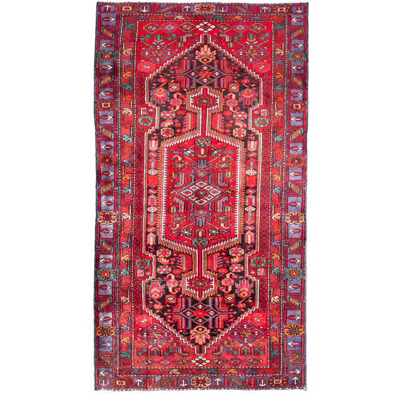 Zanjan Persian Rug 7'10" x 4'3" - Semi Antique Medallion Navy Blue, Crimson Hand Knotted | front view | SKU 112386
