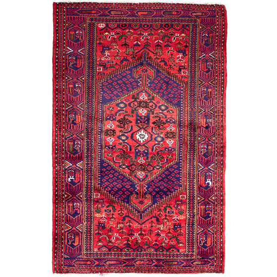 Zanjan Persian Rug 7x4 ft - Semi Antique Medallion Toranj, Herati Mahi Madder Red, Navy Blue, Crimson Hand Knotted | front view | SKU 112387
