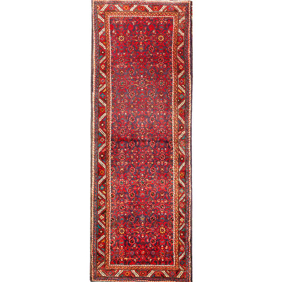 Hamadan Persian Rug 9x3 ft - Semi Antique Afshan Red, Blue Hand Knotted | front view | SKU 110104