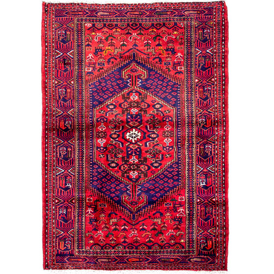 Zanjan Persian Rug 7x4 ft - Semi Antique Medallion (Toranj), Herati (Mahi) Crimson, Navy Blue, Madder Red Hand Knotted | front view | SKU 112388
