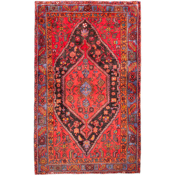 Zanjan Persian Rug 6x4 ft - Semi Antique Medallion Navy Blue, Crimson Hand Knotted | front view | SKU 112391