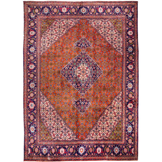 Tabriz Persian Rug 11'6" x 8'2" - Semi Antique Medallion Red, Cream Hand Knotted | front view | SKU 112406